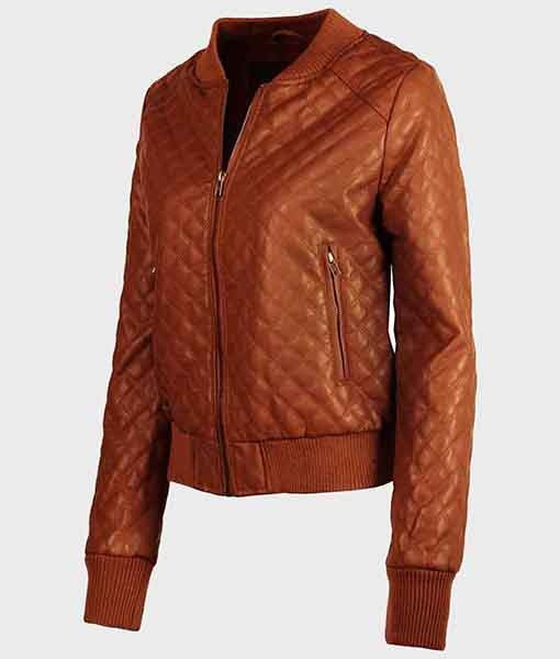 Women's Brown Leather Quilted Leather Bomber Jacket