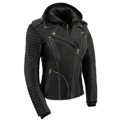 ML Women's Black Rub-Off Leather Jacket with Hoodie