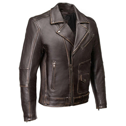 ML Men's MC Style Brown Vintage Leather Motorcycle Jacket w/ Lapel Collar