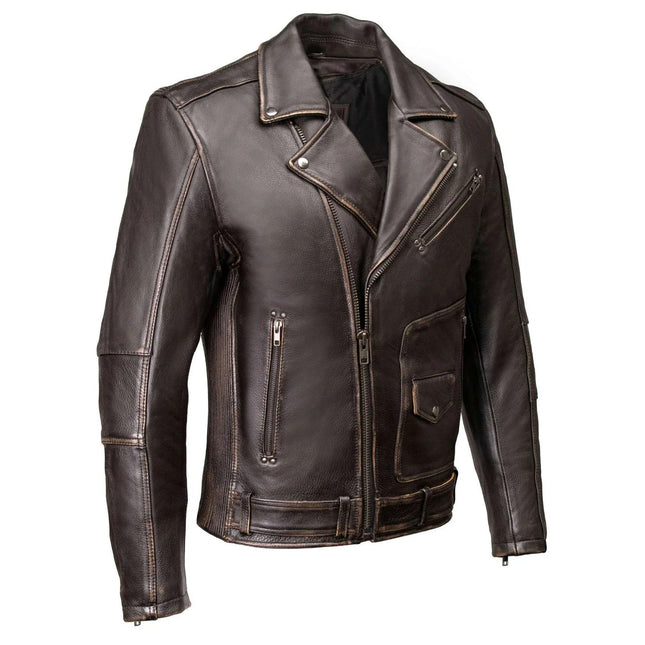 ML Men's MC Style Brown Vintage Leather Motorcycle Jacket w/ Lapel Collar