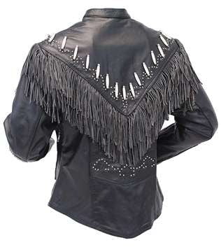 Black Western Fringe Leather Jacket with Bone Beads Work