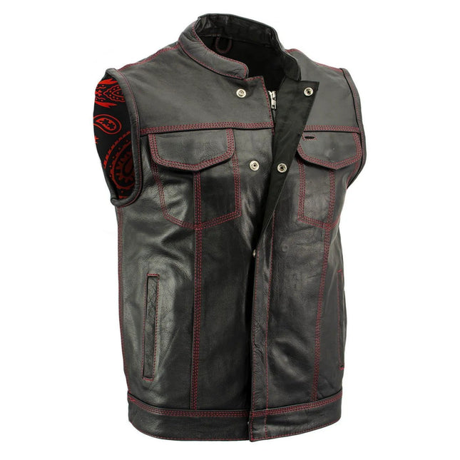 ML Men's Club Style Premium Leather Vest w/ Paisley Lining & Red Stitching