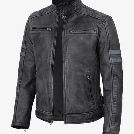 Men's Black Washed Leather Cafe Racer Jacket w/ Blue Stripes