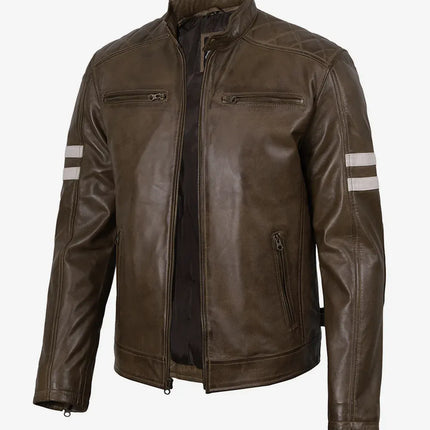 Men's Brown Waxed Leather Cafe Racer Jacket w/ White Stripes