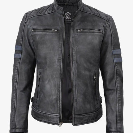 Men's Black Washed Leather Cafe Racer Jacket w/ Blue Stripes