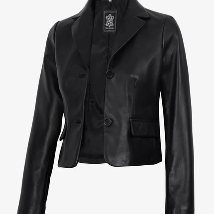 Women's 2 Button Black Cropped Lambskin Leather Blazer