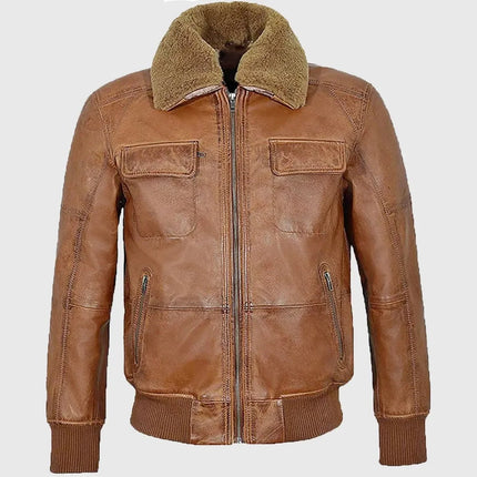 Men's Cognac Pilot Shearling Leather Bomber Jacket
