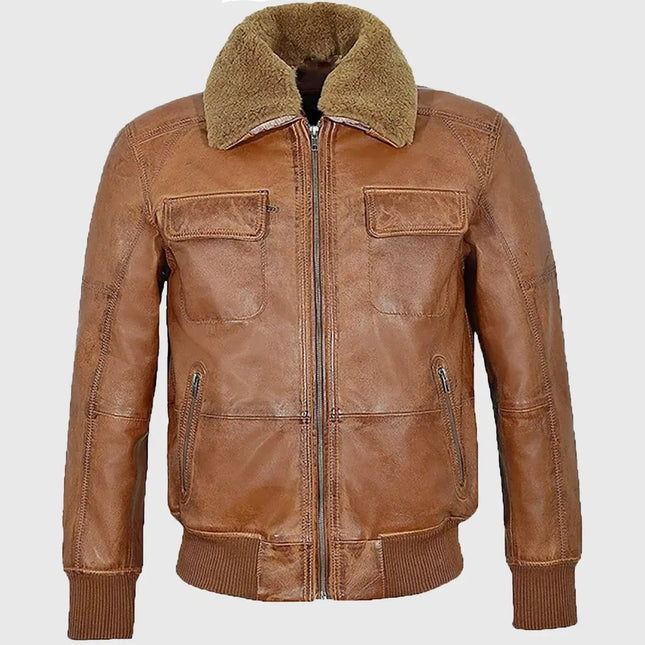 Men's Cognac Pilot Shearling Leather Bomber Jacket