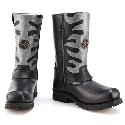 ML Men's 11- Inch Square Toe Fire Fight Black Harness Boots w/ Silver Flames