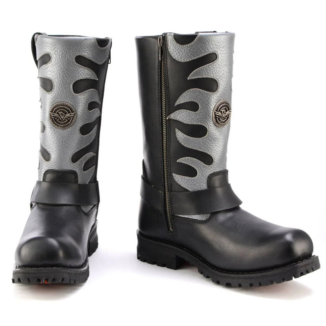 ML Men's 11- Inch Square Toe Fire Fight Black Harness Boots w/ Silver Flames