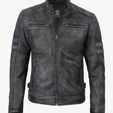 Men's Black Washed Leather Cafe Racer Jacket w/ Blue Stripes