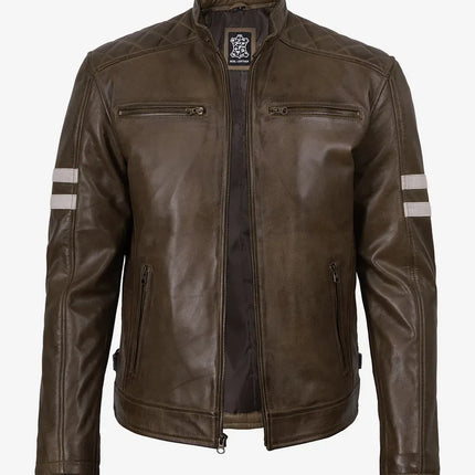 Men's Brown Waxed Leather Cafe Racer Jacket w/ White Stripes