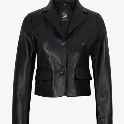 Women's 2 Button Black Cropped Lambskin Leather Blazer