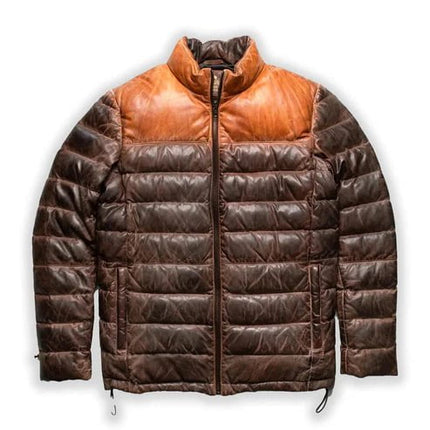 Quilted Dual Tone Brown Leather Puffer Jacket