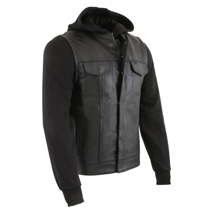 Milwaukee Leather LKM3714 Men's Black Club Style '2 in 1' Zipper Leather Vest with Removable Full Sleeve Hoodie