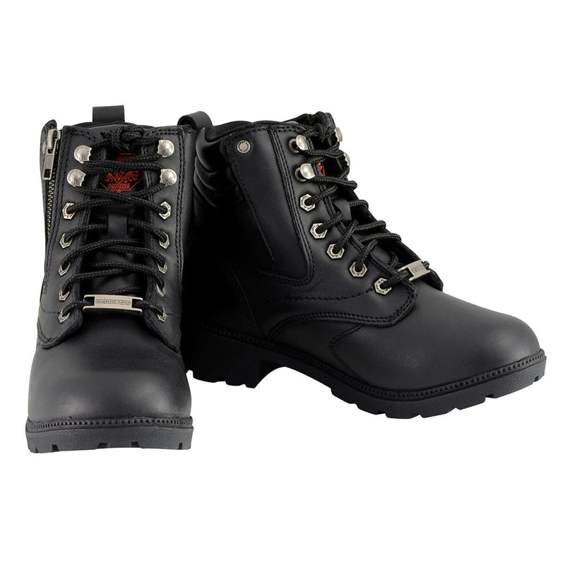 Women's Black Leather Lace-Up Biker Boots w/ Side Zipper