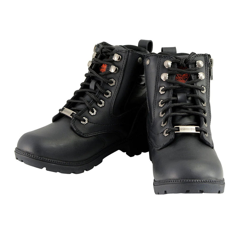 Women's Black Leather Lace-Up Biker Boots w/ Side Zipper