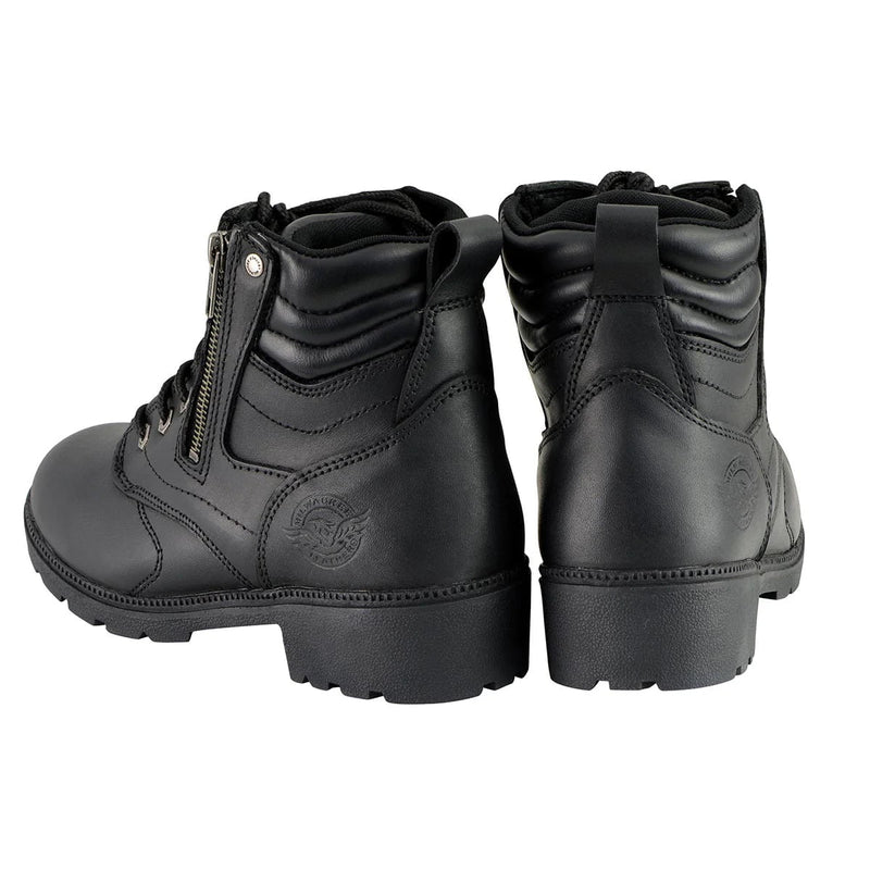Women's Black Leather Lace-Up Biker Boots w/ Side Zipper