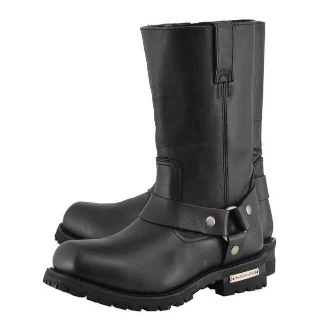 Men's 11 Inch Square Toe Black Motorcycle Harness Boots