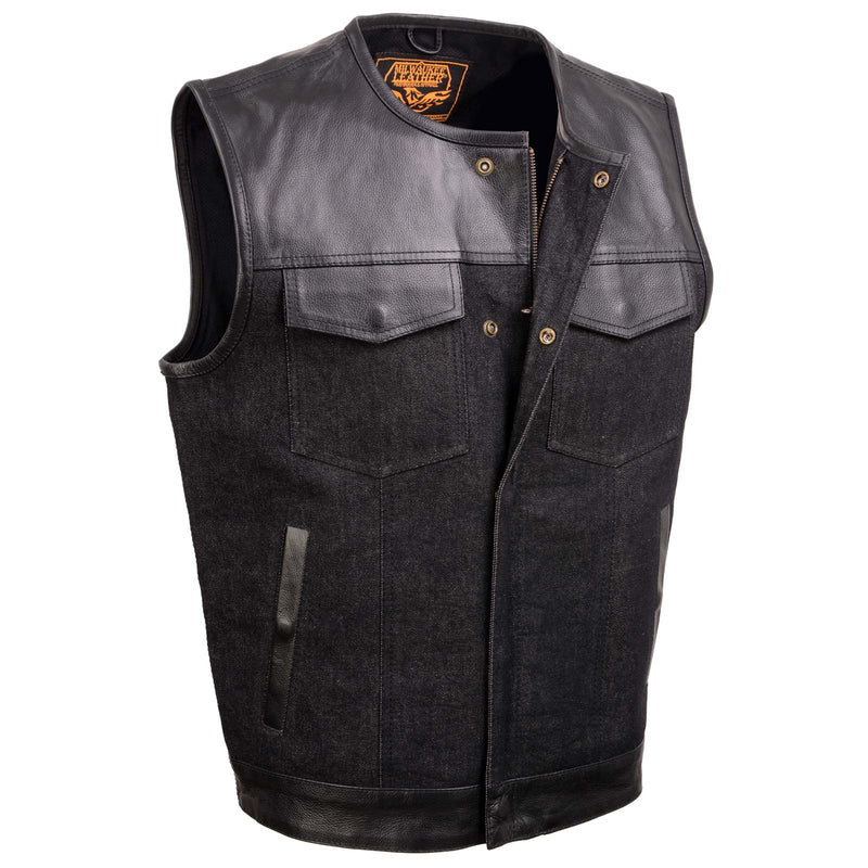 Men's Perforated Leather and Denim Combo Vest w/ Dual Hidden Closure