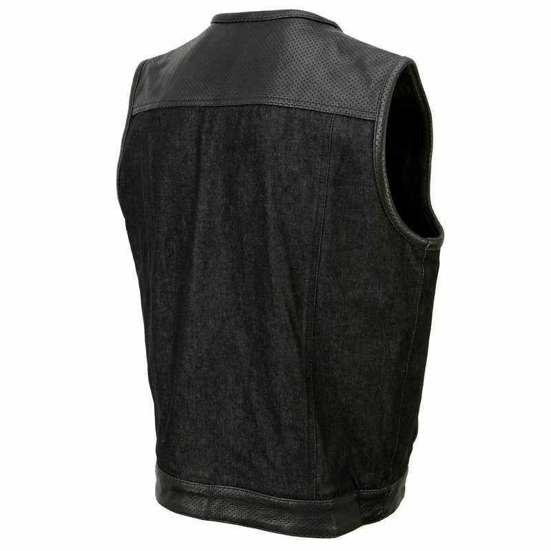 Men's Perforated Leather and Denim Combo Vest w/ Dual Hidden Closure