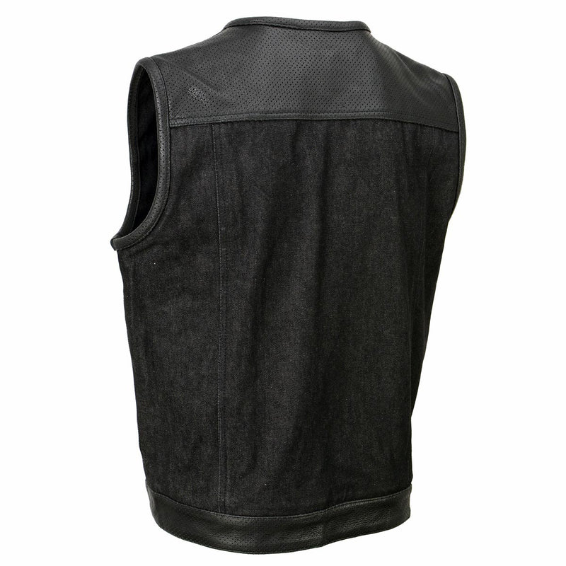 Men's Perforated Leather and Denim Combo Vest w/ Dual Hidden Closure