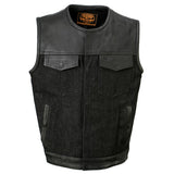 Men's Perforated Leather and Denim Combo Vest w/ Dual Hidden Closure
