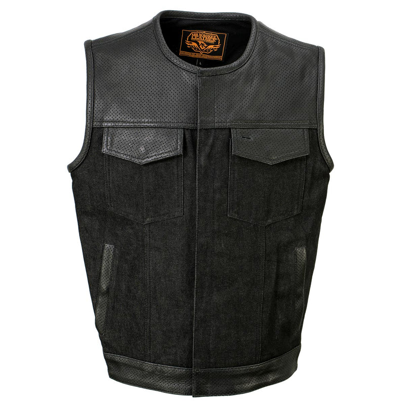 Men's Perforated Leather and Denim Combo Vest w/ Dual Hidden Closure