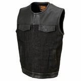 Men's Perforated Leather and Denim Combo Vest w/ Dual Hidden Closure