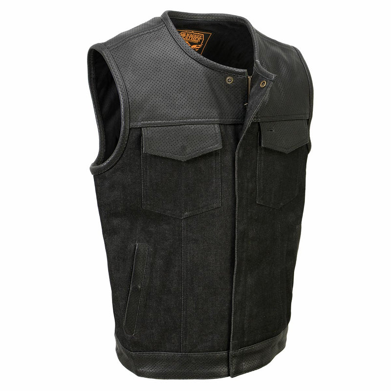 Men's Perforated Leather and Denim Combo Vest w/ Dual Hidden Closure
