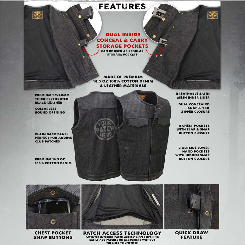 Men's Perforated Leather and Denim Combo Vest w/ Dual Hidden Closure