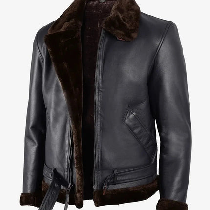 Classic Black Shearling Leather Jacket with Brown Fur