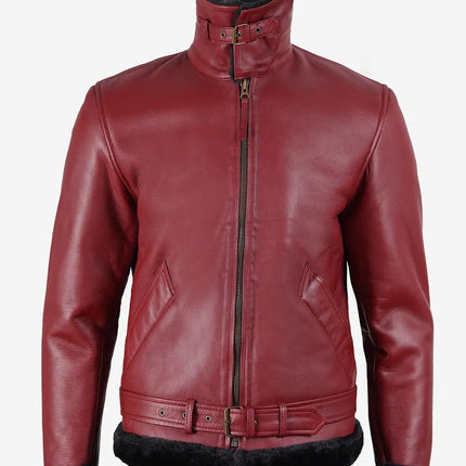 Men's Maroon Motorcycle Style Leather Sherpa Jacket