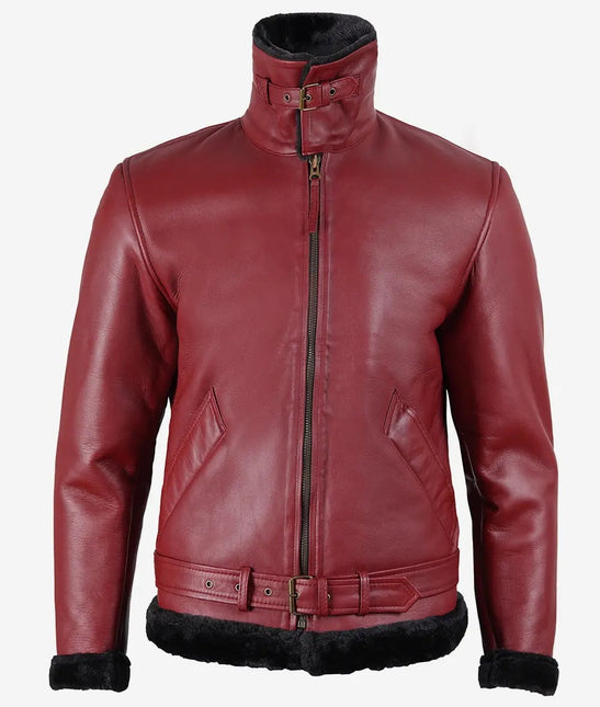 Men's Maroon Motorcycle Style Leather Sherpa Jacket