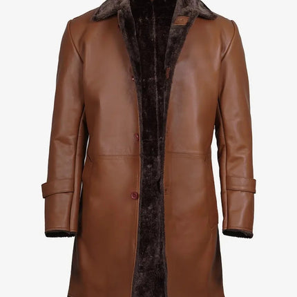 3/4 Length Cognac Brown Shearling Leather Coat