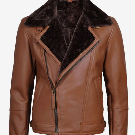 Men's Asymmetrical Zipper Cognac Shearling Leather Jacket with Brown Fur