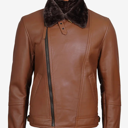 Men's Asymmetrical Zipper Cognac Shearling Leather Jacket with Brown Fur