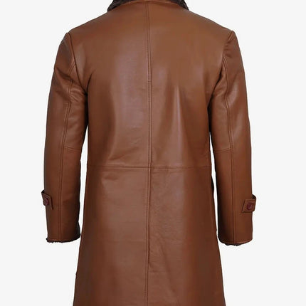 3/4 Length Cognac Brown Shearling Leather Coat