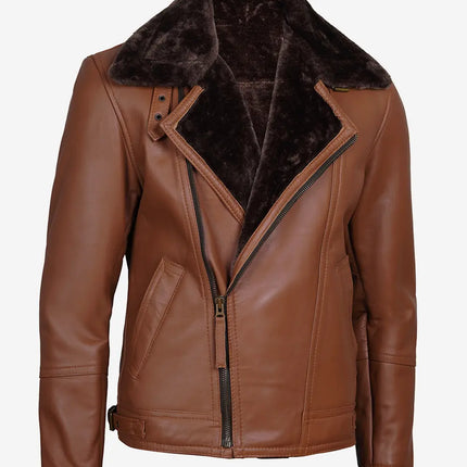 Men's Asymmetrical Zipper Cognac Shearling Leather Jacket with Brown Fur