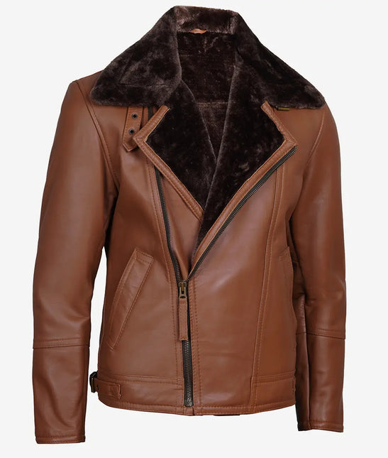 Men's Asymmetrical Zipper Cognac Shearling Leather Jacket with Brown Fur