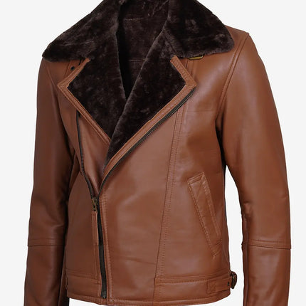Men's Asymmetrical Zipper Cognac Shearling Leather Jacket with Brown Fur
