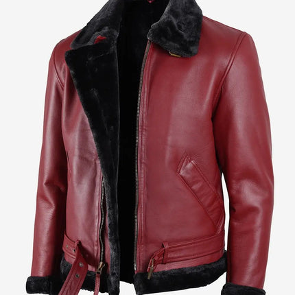 Men's Maroon Motorcycle Style Leather Sherpa Jacket