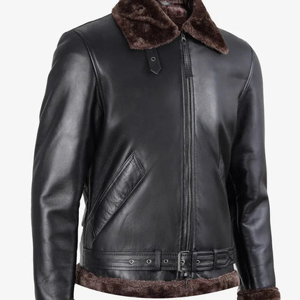 Classic Black Shearling Leather Jacket with Brown Fur