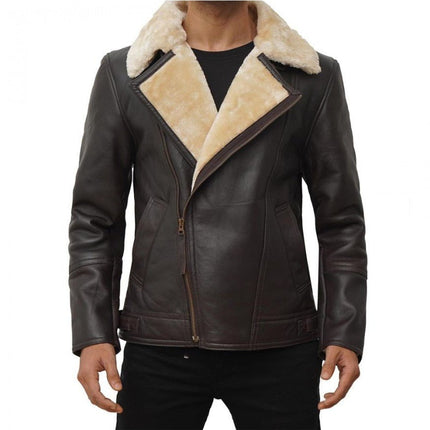 Men's Brown Asymmetrical Zipper Biker Shearling Jacket
