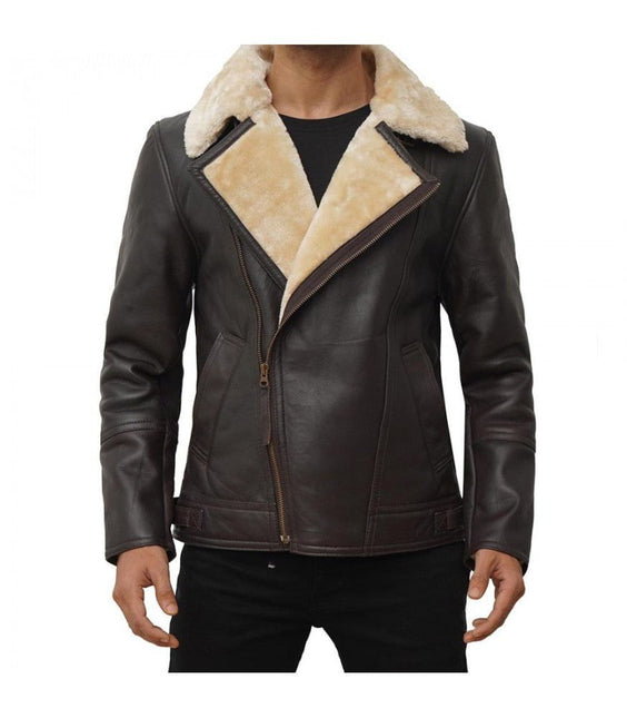 Men's Brown Asymmetrical Zipper Biker Shearling Jacket