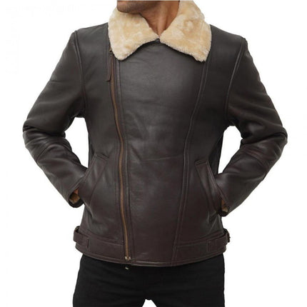 Men's Brown Asymmetrical Zipper Biker Shearling Jacket