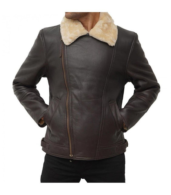 Men's Brown Asymmetrical Zipper Biker Shearling Jacket