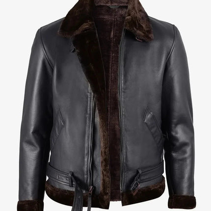 Classic Black Shearling Leather Jacket with Brown Fur