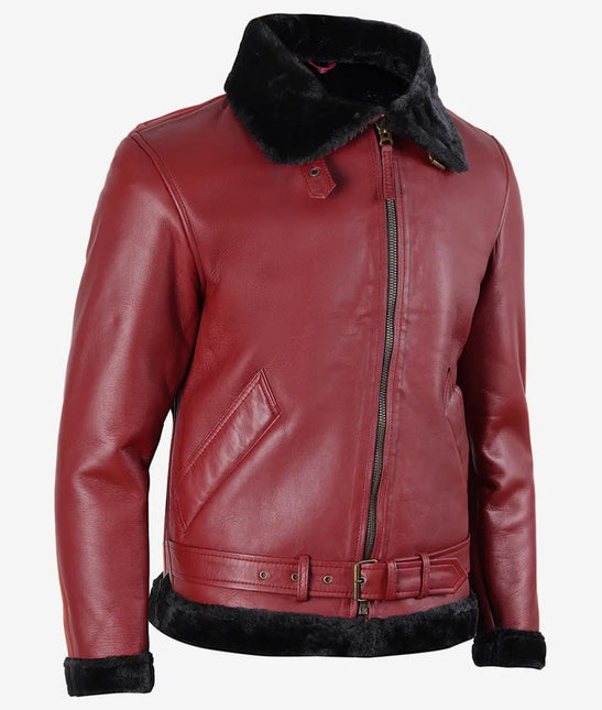 Men's Maroon Motorcycle Style Leather Sherpa Jacket
