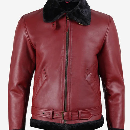 Men's Maroon Motorcycle Style Leather Sherpa Jacket